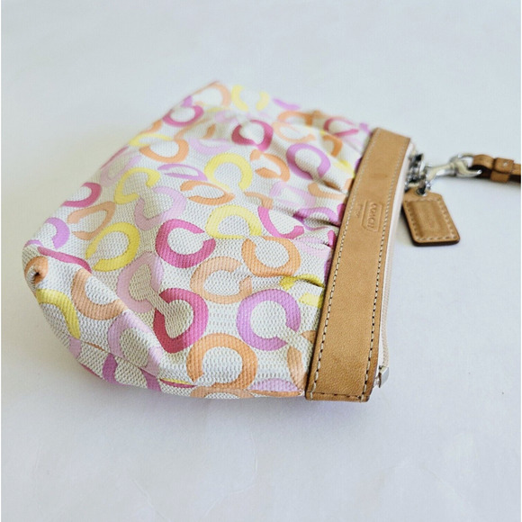 Coach Wristlet Pink Op Art Signature Zip Clutch Vachetta Leather Trim Retro Y2K - Picture 6 of 12